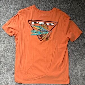 Columbia Men's Short Sleeve Graphic Tee in Orange with Multicolor Back Design